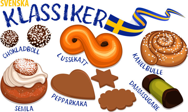 A collection of Swedish pastry Lussekatt chokladboll pepparkaka dammsugare kanelbulle och semla