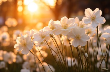 white flowers at sunrise on a green field,