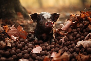 The pig digging the ground and looking for truffles.