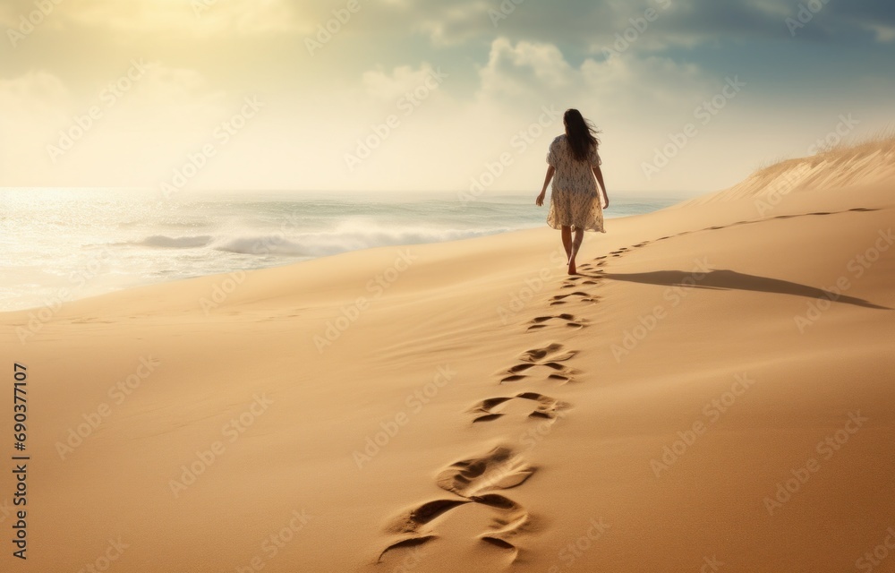 Wall mural woman walking along the beach with footprint in the sand