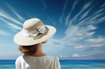 Fototapeta na wymiar woman wearing a hat and looking at sea female