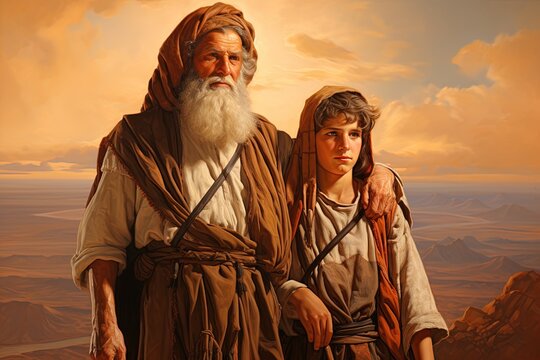 Abraham and his son Isaac in mountain Moriah, Bible story.	
