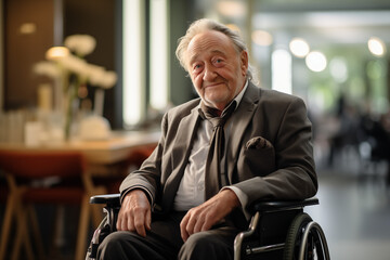 Smiling elderly man in wheelchair in retirement home. Disability situation. Someone with reduced mobility.