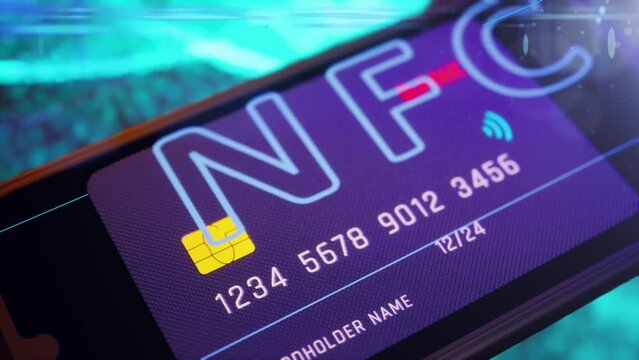 Digital animation showing nfc paying by mobile phone by modern technologies. New trendy animation with smartphone and holographic blurred background
