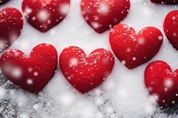 Red hearts in white snow.