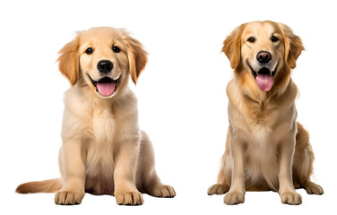 Set of Cute Golden Retriever Dog: Golden Retriever Puppy and Adult Golden Retriever in a Sitting Pose, Isolated on Transparent Background, PNG