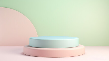 Elegant Pastel Platform and Podium Stand - Modern Showcase for Minimalistic Product Presentation in Soft Pink, Green, and Blue Tones - 3D Illustration of Contemporary Exhibition Design.