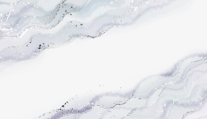 Holiday marble stone background with silver texture and glitter splatter.