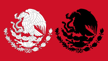Symbol of Mexico. Coat arms with eagle Black silhouette and outline coloring flag emblem. Vector illustration © Ludmila