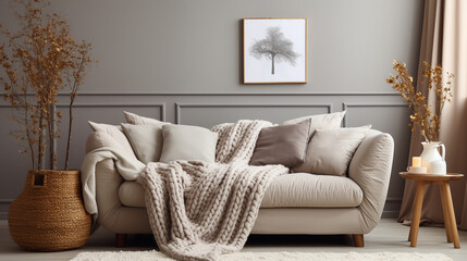 Elegant Living Room Decor: A stylish living room with a knitted blanket elegantly draped over a sofa, complementing the interior decor.