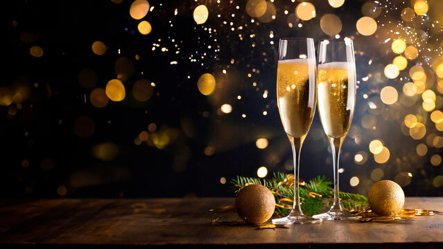 Brinde com taça de champagne e decoração dourada para celebração de ano novo e fogos de artificio ao fundo.