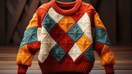 A colorful knitted texture in the shape of multicolored diamonds creates a multicolored sweater and jumper on a brown wooden background.