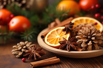 Obraz na płótnie Canvas Traditional Christmas spices and dried orange slices on holiday bokeh background.