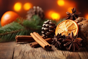 Obraz na płótnie Canvas Traditional Christmas spices and dried orange slices on holiday bokeh background.