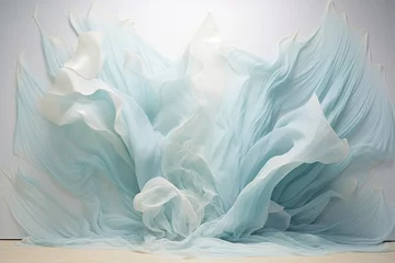 Fotobehang Witness a delicate dance as translucent aquamarine and pearl white fluids collide, forming an otherworldly 3D abstract tapestry with captivating details. © ZUBI CREATIONS