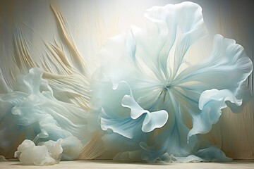 Witness a delicate dance as translucent aquamarine and pearl white fluids collide, forming an otherworldly 3D abstract tapestry with captivating details.