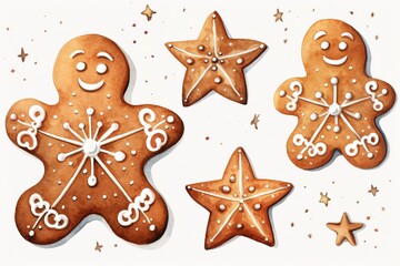 Fototapeta na wymiar Decorated gingerbread cookies in watercolor. 