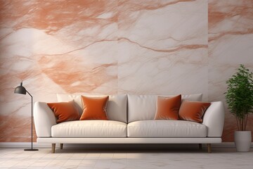 White sofa against terra cotta marble stone paneling wall.