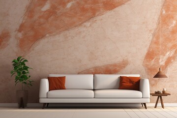 White sofa against terra cotta marble stone paneling wall.