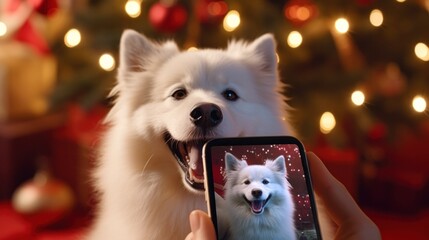 A person taking a picture of a white dog