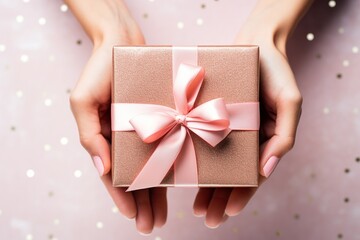 Woman hands holding gift box with ribbon.