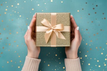 Woman hands holding gift box with ribbon.