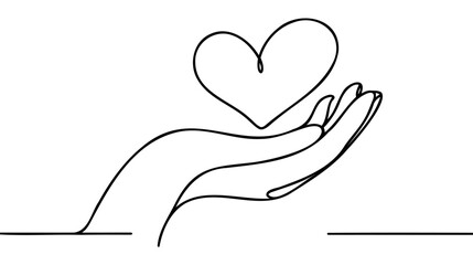 Continuous one line drawing hand holding heart. Charity donation linear concept. Vector isolated on white