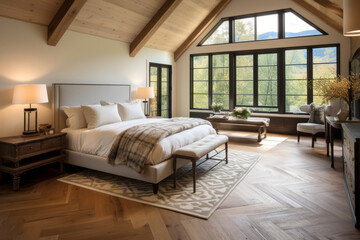 Farmhouse interior design of modern bedroom with hardwood floor. Generative AI