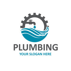 plumbing service icon with gear and water faucet isolated on white background - obrazy, fototapety, plakaty