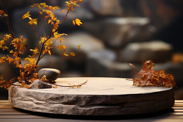 Natural stone and concrete podium in natural background with autumn leaves. Generative AI