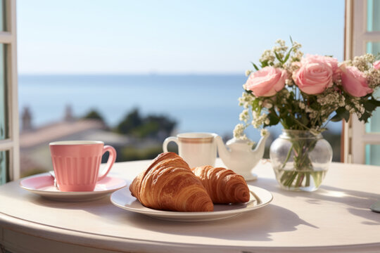 Breakfast on hotel balcony decorated with fresh flowers and croissants overlooking sea view. Generative AI