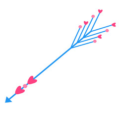 Blue thin arrow decorated with pink hearts. Arrow with a sharp tip
