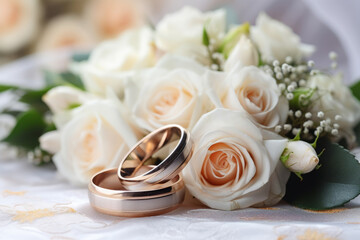 Wedding card in white colors with flowers and wedding rings. Generative AI