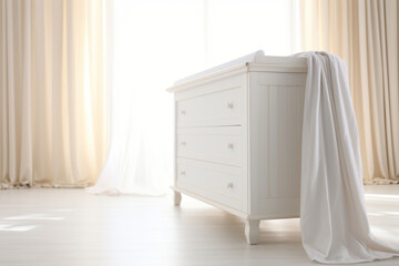 Fototapeta na wymiar White baby dresser stands in cute baby room. Generative AI