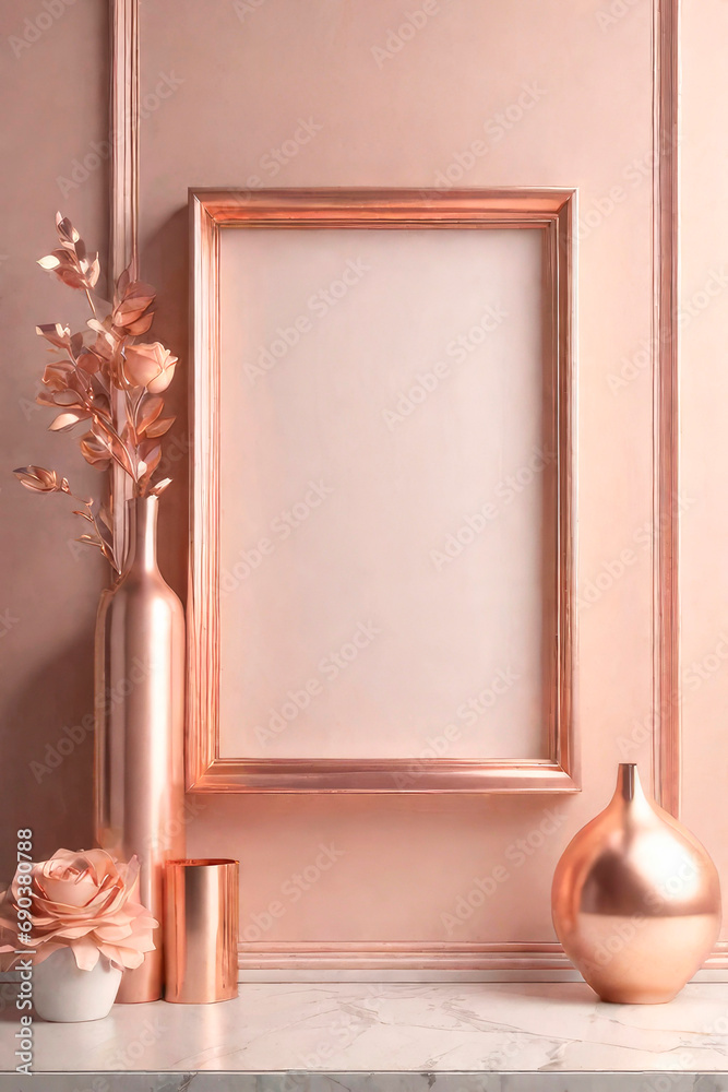 Wall mural mock up poster frame in gentle peach tones and rose gold, interior living room concept. trending col