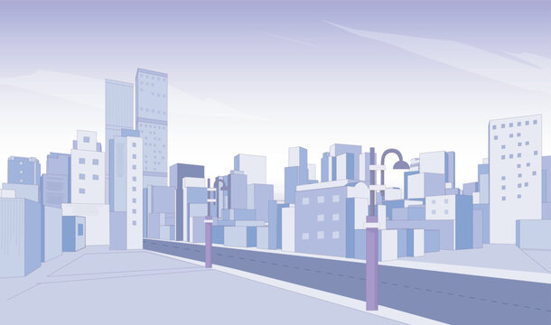 light Purple cityscape background and sky, urban building skyline panoramic illustration. Monochrome urban landscape with clouds in the sky. Modern architectural flat style vector illustration.