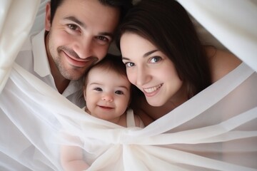 Portrait close up happy family dad mom newborn baby child parents son daughter father mother young man woman care infant smile togetherness love affectionate bonding offspring small birth parenthood