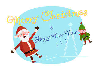 Christmas sticker with Santa Claus and elf