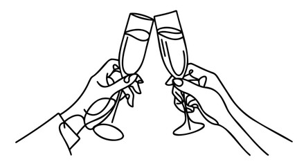 Continuous line champagne cheers. Hands toasting with wine glasses with drinks.