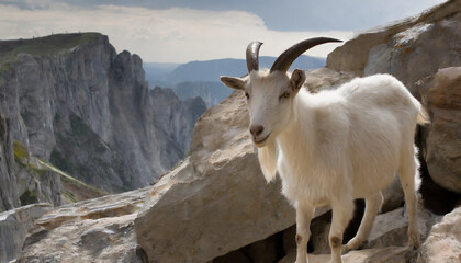 Naklejka na ściany i meble Outdoors mug shot mountain goat stands among the rocky cliffs at sunset.