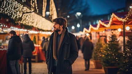 A white man walks through the Christmas market, decorated with festive lights in the evening. Winter holidays generative ai