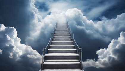 Stairs from clouds leading to the sky with dramatic storm cloud background 