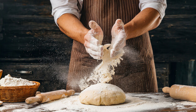 Photo of flour and men hands with flour splash. Cooking bread. 