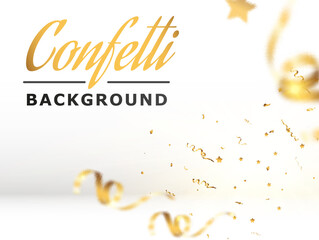 Confetti background.Birthday,anniversary,celebration banner.Falling shiny golden confetti.Background for anniversary party.Elements for preparing holiday design.	
