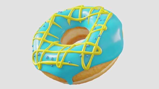 Chocolate glazed donut with sprinkles rotating on a grey background. 3d render and illustration of pastry and confectionery