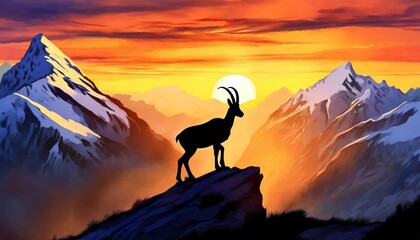 Silhouette of chamois on mountain at sunset.  One rupicapra rupicapra. - obrazy, fototapety, plakaty