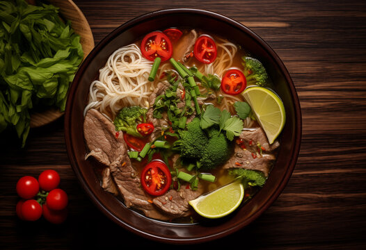 vietnamese pho soup in a bowl, isolated, top down