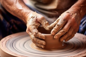 Potter's Hands Molding Clay on Wheel. Generative AI