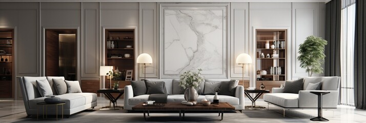 A sophisticated living room adorned with wooden decor elements and a polished grey tiled floor, expressing refined elegance. - obrazy, fototapety, plakaty
