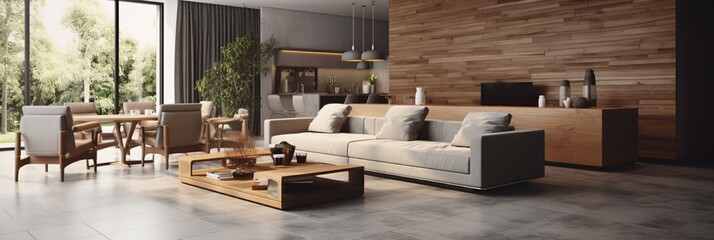 An artistically designed living area adorned with wooden touches and polished grey tiled flooring, exuding modern simplicity. - obrazy, fototapety, plakaty